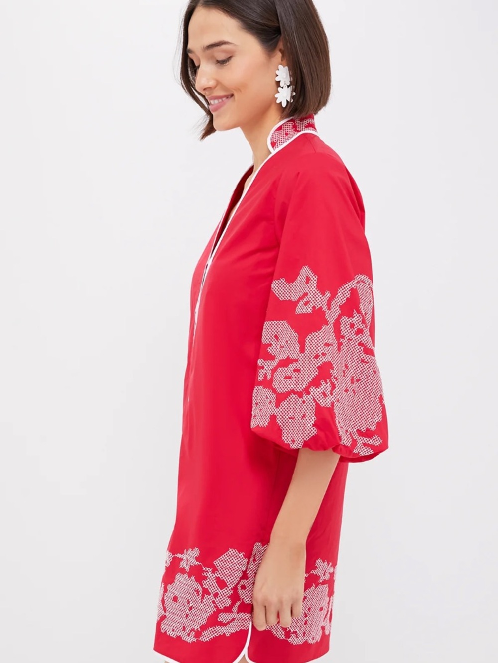 HYACINTH HOUSE Red & White Embroidery Mini Arem Caftan - Picture 5 of 12